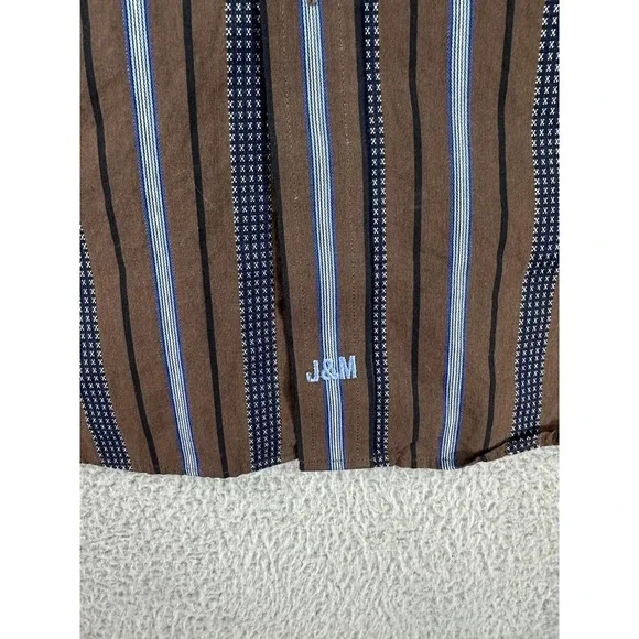 Johnston & Murphy Shirt Mens Medium Brown Blue Striped Tailored Fit Long Sleeve